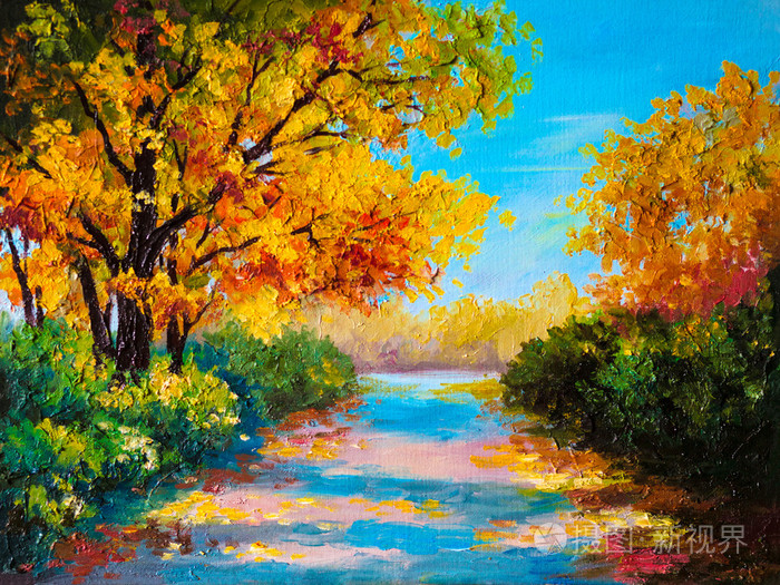 油画风景-丰富多彩秋天的树林