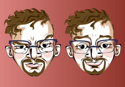 不同的面部表情，一男子在方形眼镜，留着胡子，胡子的插图