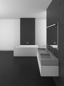 现代浴室配有灰瓦和暗楼
