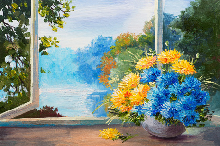 在靠窗的位置，油画上的春天的花朵的花束