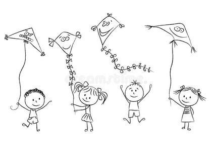 儿童 运动 风筝 男孩 家庭 女孩 享受 朋友 飞行 卡通