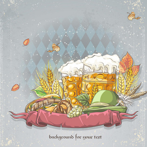 庆祝的背景图片是啤酒啤酒花圆锥体和秋叶的阶梯