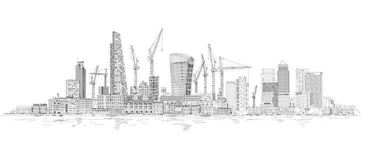 现代的伦敦。伦敦金融城和金丝雀码头起重机和建筑工地的新的事态发展