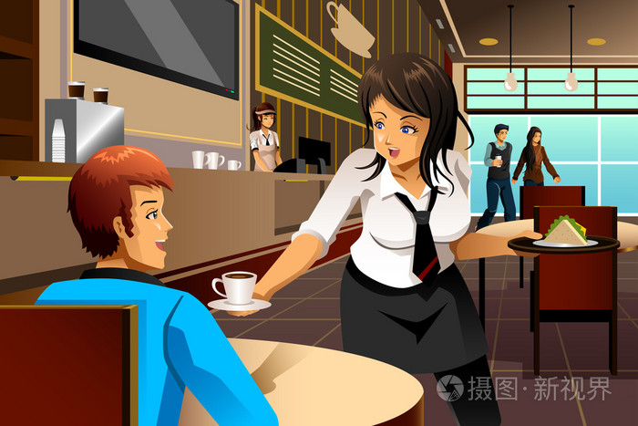 为客户提供服务的一家餐厅的女服务员