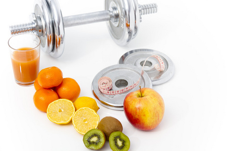 健身器材和健康的食物，苹果 桃 猕猴桃 lem