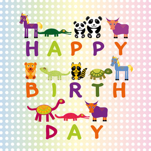 生日快乐卡片，彩色背景有趣的动物。矢量