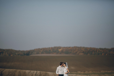 快乐的新婚夫妇在一个字段中