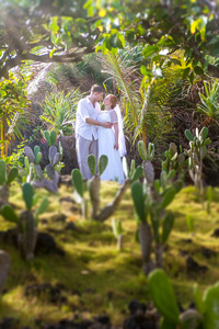 爱的年轻夫妇在热带森林的背景下，婚礼当天