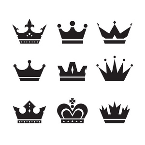 皇冠矢量图标集。皇冠标志集合。皇冠黑色剪影。设计元素