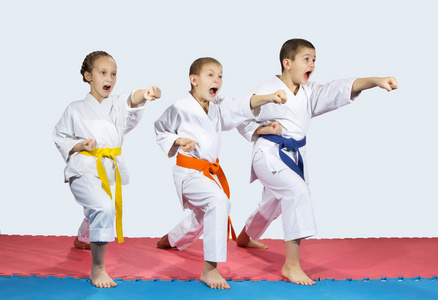 两个男孩和一个女孩在 karategi 击中拳手向前