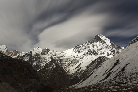 Machhapuchchhre 山晚上鱼尾巴在英语中的视图