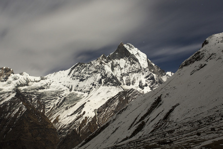 Machhapuchchhre 山晚上鱼尾巴在英语中的视图