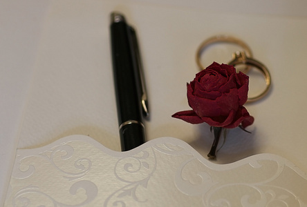 婚礼饰品请柬戒指玫瑰和钢笔