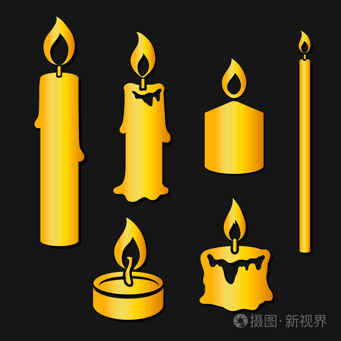 燃烧的蜡烛的黄金剪影一套