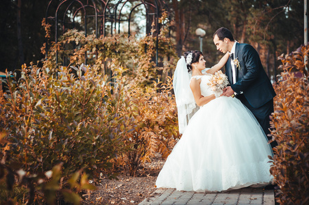 接吻的结婚礼服的年轻夫妇。新娘控股束鲜花