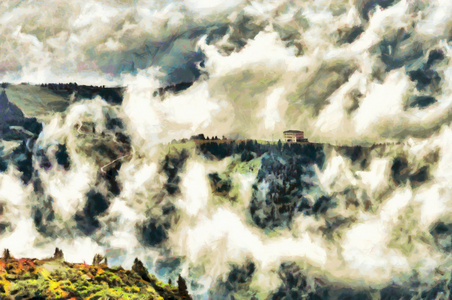 房子之间云神秘童话风景油画