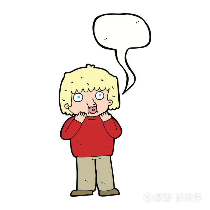 卡通担心的男孩与讲话泡泡