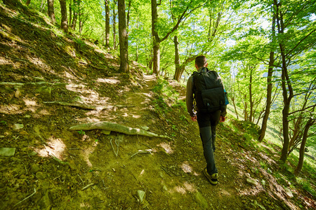 少年徒步旅行者在一条山路上行走