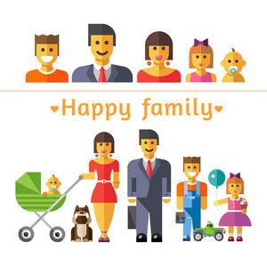 图标集幸福的家庭。父母和孩子