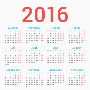 2016 年在白色背景上的日历。每周从星期一开始。简单的矢量模板