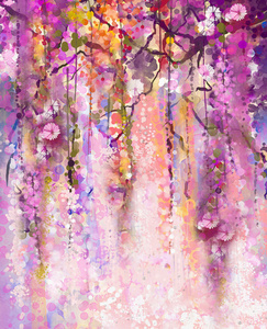 水彩绘画。春天紫色花紫藤背景