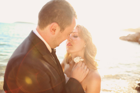 新郎和新娘接吻在沙滩上的特写