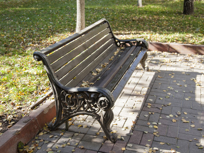 普希金诺，俄罗斯关于 2013 年 10 月 15 日。在林荫大道上美丽的长凳。秋天的感觉
