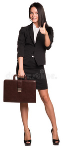 女人拿着公文包，竖起大拇指