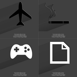 飞机, 香烟, 游戏板, 文件图标。长阴影的符号。扁平设计