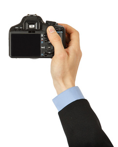 男的手里的黑色照片相机