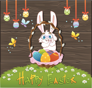 用鸡蛋和木材的背景兔子复活节快乐。矢量我