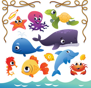 向量组的可爱的海洋动物和绳索框架