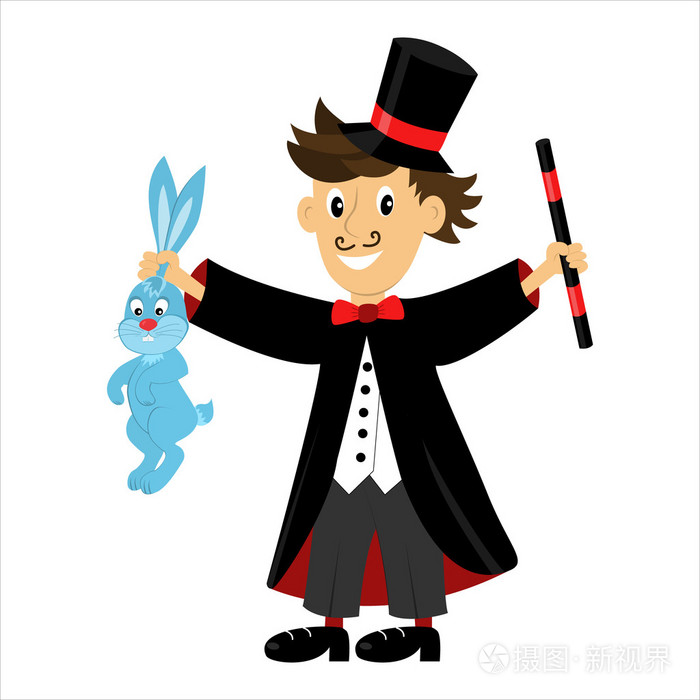 矢量卡通人物魔术师拿着魔杖和拉布