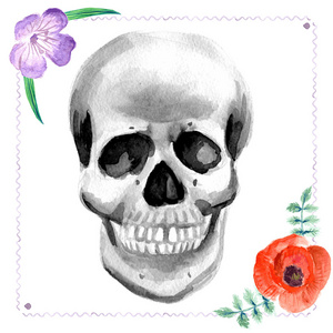水彩的人类头骨，用鲜花