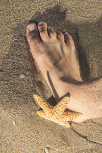 海滩上的波浪中的脚