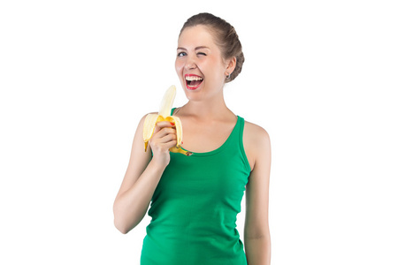 与香蕉幸福闪烁的女人的照片
