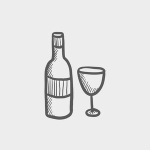 瓶威士忌酒和玻璃素描图标