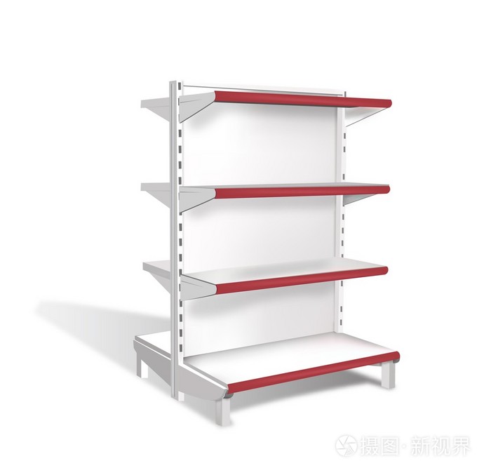 与零售货架产品分离的白色背景上的白色长空白空橱窗展示.