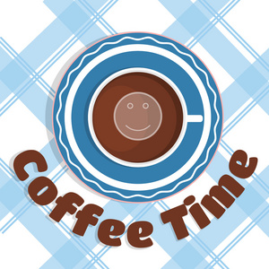 咖啡时间概念。 在桌布上放一杯咖啡