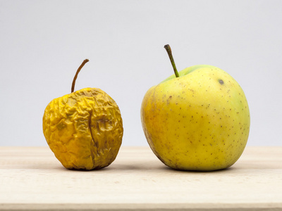 黄干的苹果和新鲜苹果与浅灰色背景