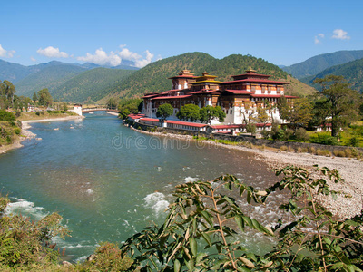 不丹的punakha Dzung和mo chhu河