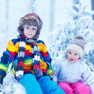 两个孩子的画像 男孩和女孩在冬天帽子在雪林