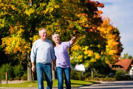 老年人在秋天或秋天手挽手散步图片