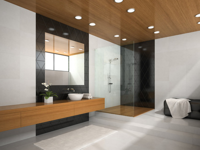 室内的浴室配有木制天花板 3d 渲染 2