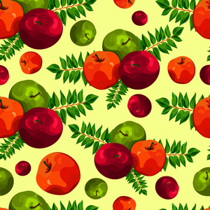 时尚的无缝图案的叶子和苹果。 水果图案。 APAP