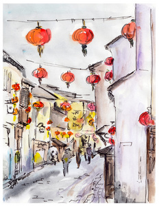 老城街道在中国，传统的中国红灯笼