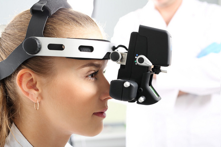 眼科医生用眼科设备检查眼睛