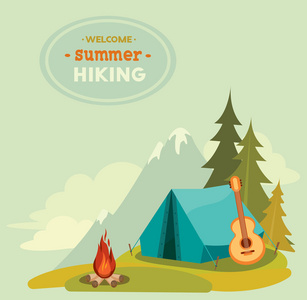夏季徒步旅行帐篷 吉他和篝火