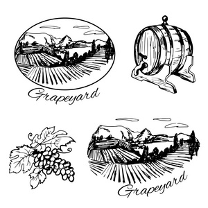 一整套符号的葡萄园 葡萄酒及葡萄桶