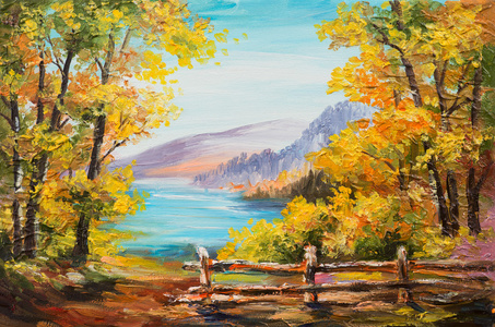 油画风景多彩的秋天森林 高山湖泊 印象派